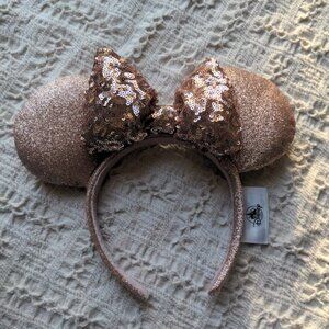 Disney Parks Minnie Mouse Rose Gold Glitter  Sequin Bow Ears Headband